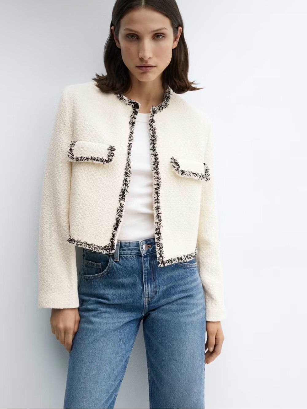 MANGO Tweed Jacket with Contrast Detail Open Front